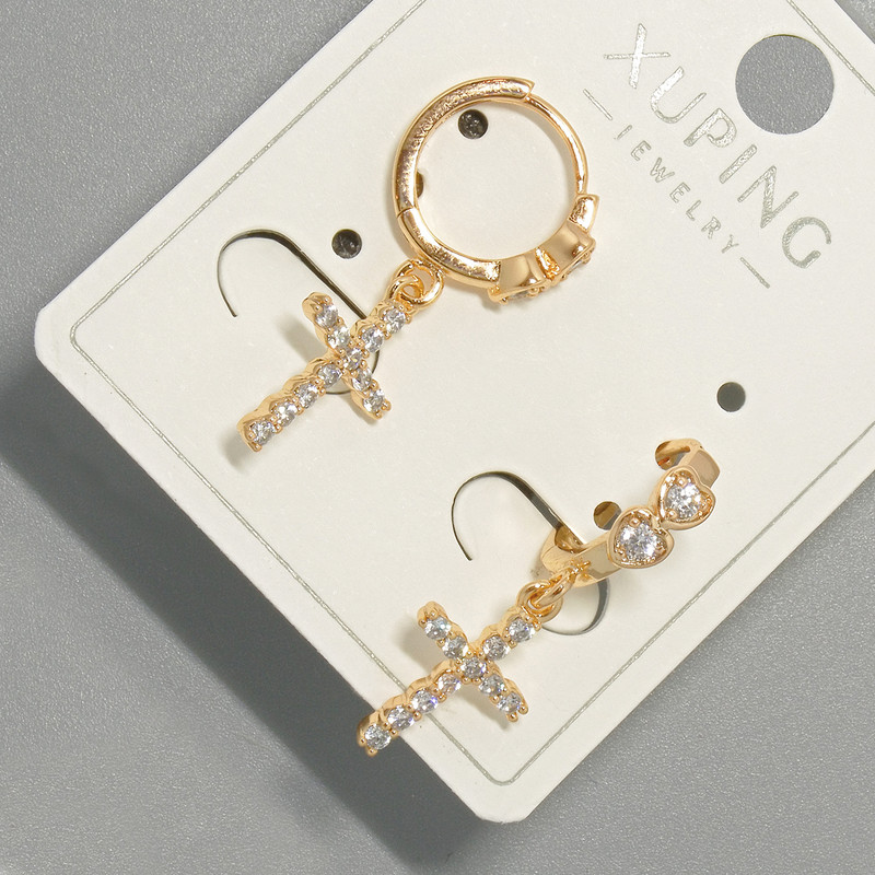 Earrings 'Cross' Xuping with white crystals, diameter 9×14 mm, length 26 mm, 18K plating
