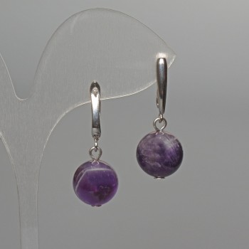 Earrings with natural amethyst, smooth ball beads, diameter approximately 12 mm, length approximately 32 mm, English clasp
