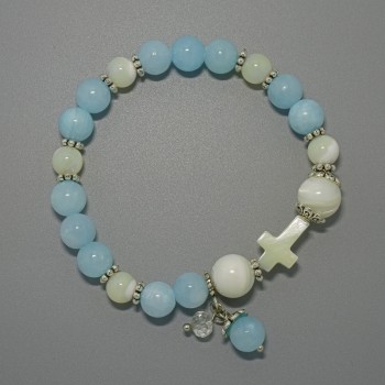 Bracelet with aquamarine acrylic beads and mother-of-pearl smooth beads, diameters 10 mm, 8 mm, 7.5 mm, length 18 cm +/- (stretch) with metal inserts