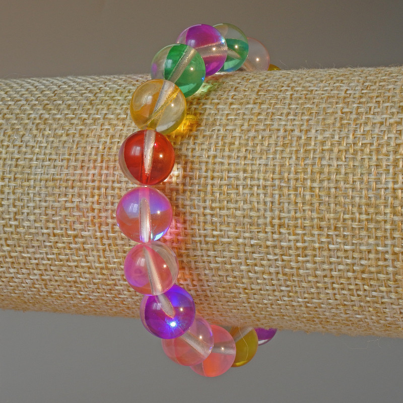 Opal Glass Bead Bracelet, Assorted, Smooth Beads, 10.5 mm Diameter, 18 cm Length (Stretch)