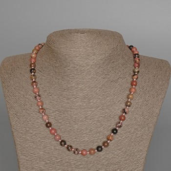 Rhodonite natural stone necklace with smooth beads, 7 mm diameter, 49 cm length