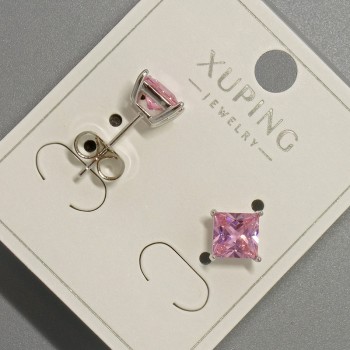 Xuping Stud Earrings with Pink Crystal, Diameter 6mm ± Rhodium Plating