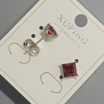 Xuping stud earrings with red crystal, 6 mm diameter, rhodium-plated
