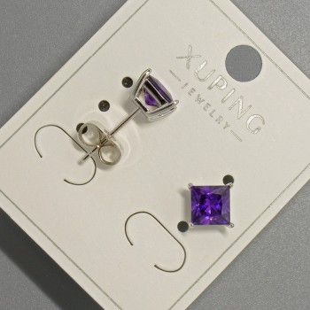 Xuping Stud Earrings with Purple Crystal, 6 mm Diameter, Rhodium