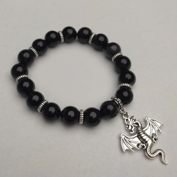 Black Agate Bracelet (pressed) Smooth Beads, 10 mm diameter, 18 cm length, stretch, with metal inlays