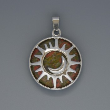 Pendant Sun Heliotrope Jasper, diameter 27 mm ±, length 37 mm ±, in a silver setting