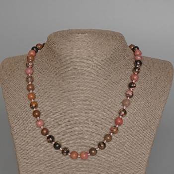 Rhodonite Necklace with Natural Stone, Smooth Beads, 8.5 mm Diameter, 49 cm Length