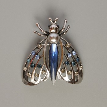 Brooch pendant Butterfly blue crystal, multicolored rhinestones, silvery metal 44x48 mm