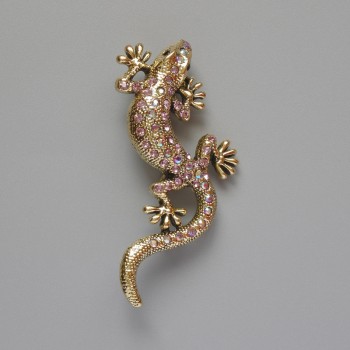 Brooch 'Lizard' with Pink Crystals, Chameleon Effect and Golden Metal 29x63mm
