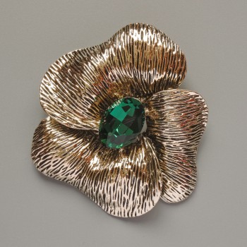 Flower Brooch-Pendant with Green Crystal, Light-Gold Metal, 55x63 mm
