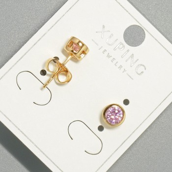 Xuping Stud Earrings with Pink Crystal, Round Setting, 6mm Diameter, 18K Gold Plated