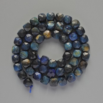 Beads Blue Tiger's Eye toned natural stone faceted cube, diameter 7 mm ±, length 39 cm on thread