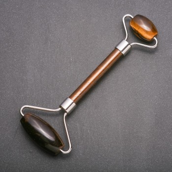 Масажер з натурального каменю Тигрове око, довжина 14см сріблястий метал