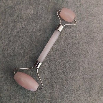 Rose Quartz Stone Massager, Double-Sided, 14.5 cm, Silver-Colored Metal