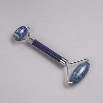 Масажер роликовий з каменю Лазурит двосторонній, довжина 14, 5см сріблястий метал