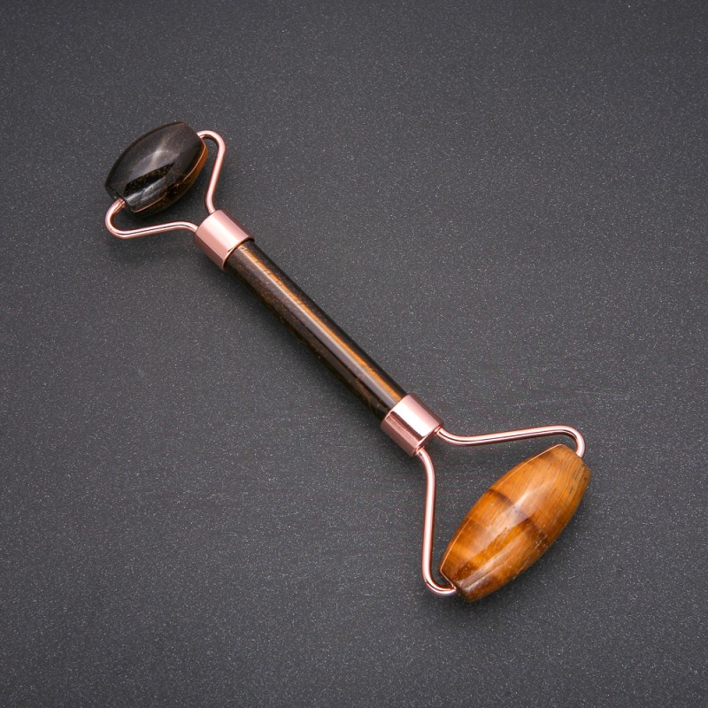 Roller Massager with Tiger's Eye Stone, Golden Metal, Length 14.5 mm