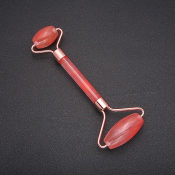 Roller Massager with Chalcedony Stone, Golden Metal, Length 14.5 mm