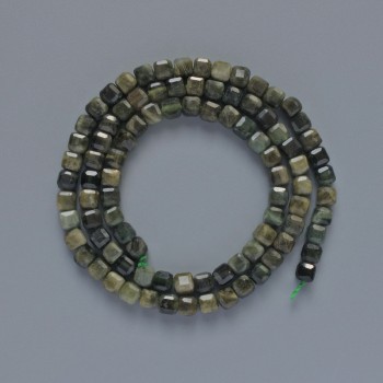 Beads Green Tourmaline, natural stone, faceted cube, 4mm diameter ±, 39cm length ±, on thread