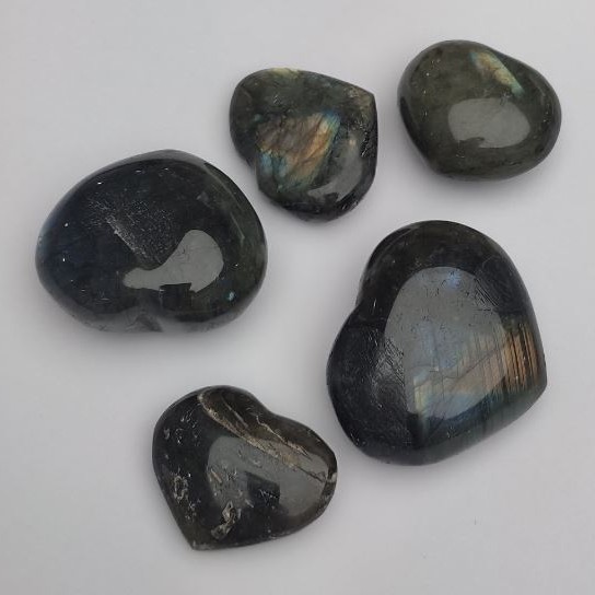 PRICE (per 100 g) Labradorite Heart Souvenir Stone, Assorted Sizes 34x30 mm, 54x47 cm+