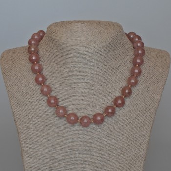 Strawberry Quartz Necklace with natural stone smooth beads, diameter 12.5 mm, length 47 cm