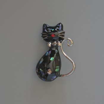Kitty Brooch-Pendant with Black Enamel and Haliotis, 25x39 mm