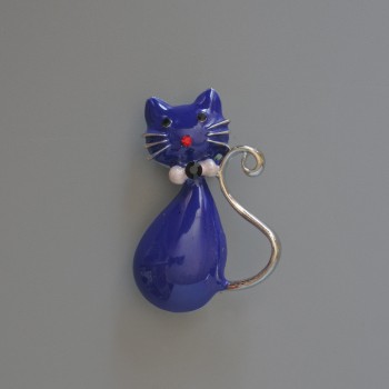 Cat Brooch Pendant with Blue Enamel, Crystals, Silver-Toned Metal 25x39mm