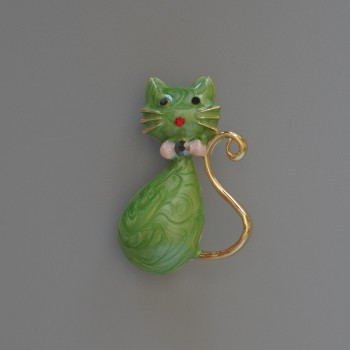 Brooch-pendant "Kitty" with green pearlescent enamel and glittering crystals, gold-tone metal 25x39mm