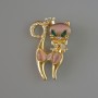 Kitty Brooch Pendant with Pink Cat's Eye, Green Crystals, Pink and White Rhinestones, Golden Metal 28x43mm
