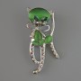 Cat-shaped brooch pendant with green cat's-eye, green crystals, pink and white rhinestones, silver-toned metal 25×55 mm