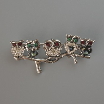 Owl brooch with colored rhinestones, black enamel and halite, silver-tone metal 52x26 mm