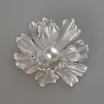 Flower Brooch-Pendant, Gray Matte Enamel and White Bead, Silver-Tone Metal 46x43mm