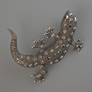 Lizard Brooch Pendant with White and Black Rhinestones, Silver-Tone Metal 54x46 mm