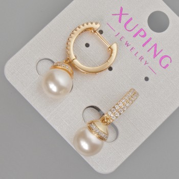 Xuping Earrings with White Crystals and Mallorca Pearl, Diameter 9 mm ±, Length 27 mm ±, 18K Gold Plating