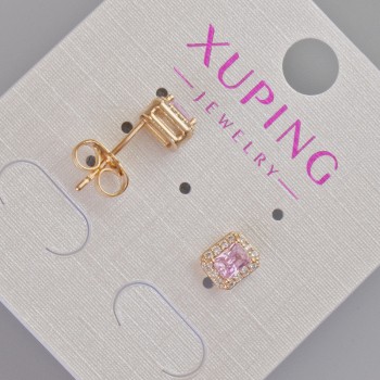 Xuping Stud Earrings with Pink Crystal and White Rhinestones, Diameter 6.5×5.5 mm, 18K Gold Plating