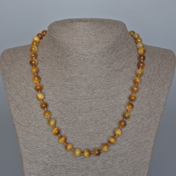 Yellow Cat's Eye Bead Necklace, Natural Stone, Smooth Beads, 8.5 mm Diameter, 45 cm Length, with Clasp