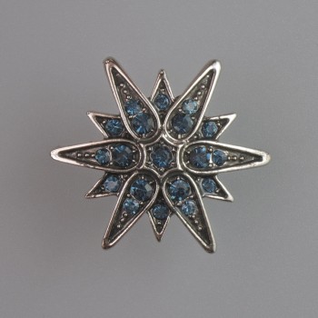 Star Brooch with Blue Crystals, Silvery Metal 26×26mm