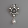 Accent Brooch with White Beads, Gray Crystal, Silver-Toned Metal 51×28 mm