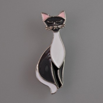 Brooch Kitty black and white enamel, silver-toned metal 37x13mm