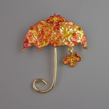 Brooch Umbrella orange and yellow enamel, beads, golden metal 62x50mm