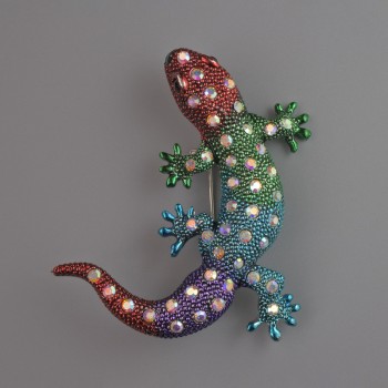 Lizard multicolor enamel brooch pendant with pink crystals, silver-tone metal 54x46mm