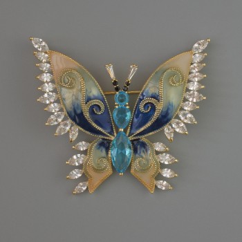 Butterfly Brooch with Blue and White Crystals, Beige and Blue Enamel, 45x52mm, Golden Metal
