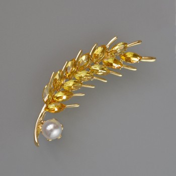 Brooch Ear of Wheat with Yellow Crystals and White Bead, 57x15 mm, Gold-tone Metal