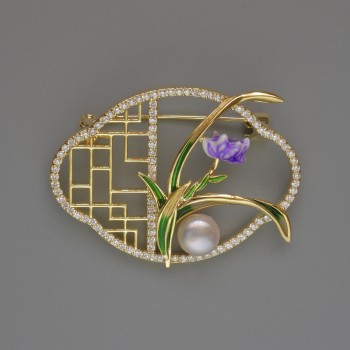 Flower Brooch with White Crystals and Bead, Green and Purple Enamel, 31x42 mm Gold-Tone Metal