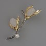 Flower Brooch with White Crystals, Plastic and Bead, 60x36mm Gold and Gray Metal
