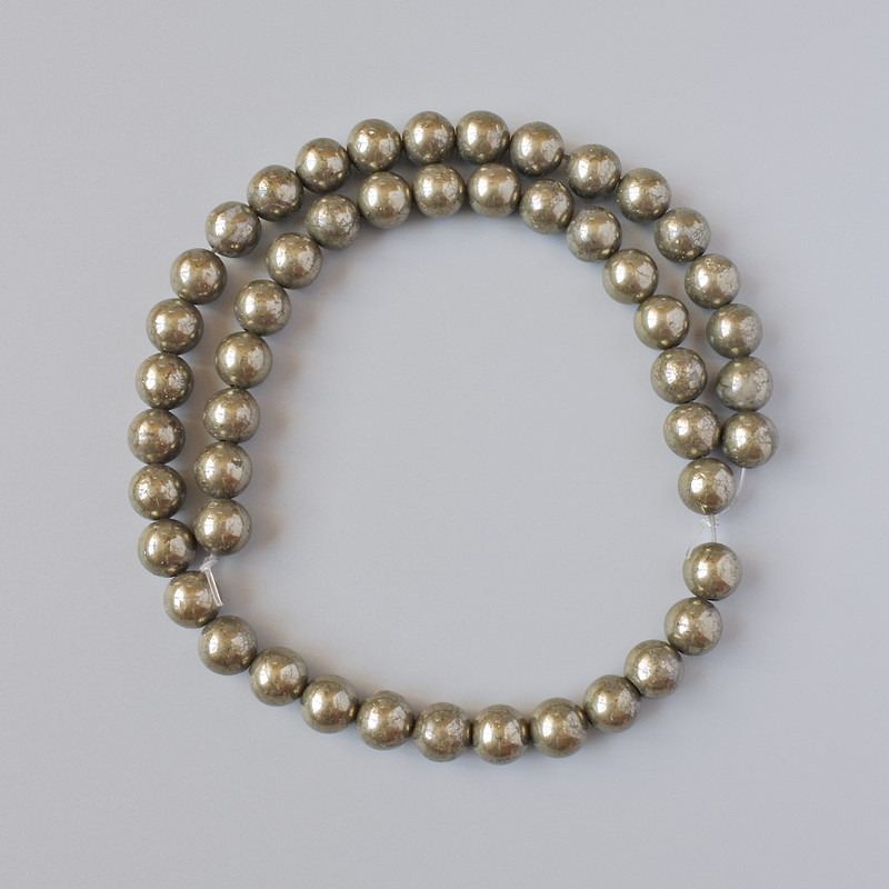 Pyrite beads, natural stone, smooth ball, diameter 8 mm ±, length 39 cm ± on beading thread
