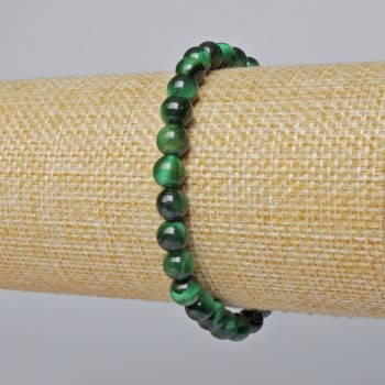Bracelet with Green Cat's Eye Natural Stone, Smooth Beads, 6.5 mm Diameter, 18 cm Length (Stretch)