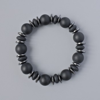 Bracelet with smooth shungite rondelle beads and round beads, diameter 10×4.5 mm, 12 mm+-, length 18 cm+-, (stretch) with hematite inserts