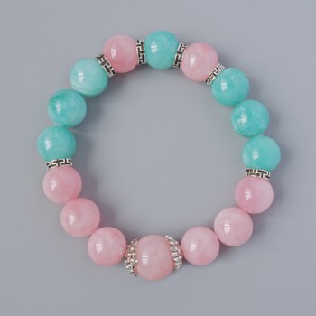 Bracelet Rose Quartz and Amazonite (artificial acrylic), bead diameter 12.5 mm, length 18 cm ± (stretch) with metal inlays