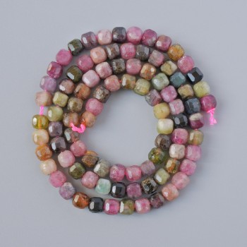 Tourmaline Beads, Natural Stone, Faceted Cubes, 4 mm Diameter, 39 cm Length, on Thread