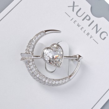 Brooch Xuping 'Heart' with white crystal and white rhinestones 24x27mm, silver metal